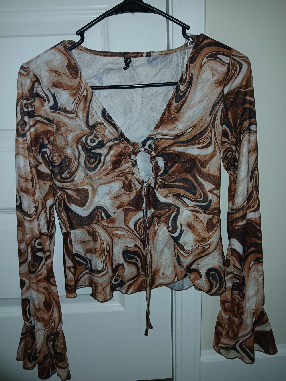 Marble-Print Tie-Front V-Neck Blouse - Brown/Cream